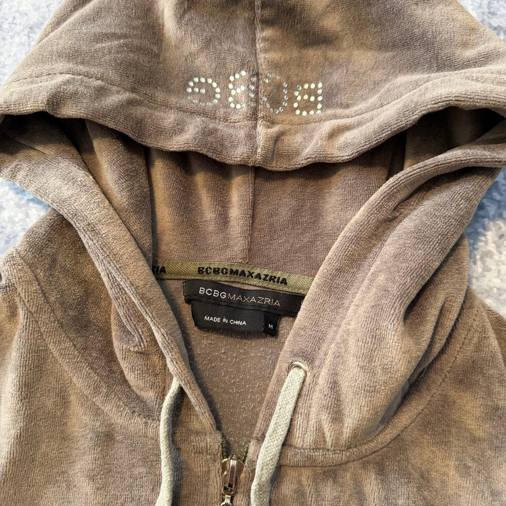 Y2K BCBG Max Azria Womens Velour Full Zip Hoodie Brown Rhinestone Logo Size M - Picture 3 of 6